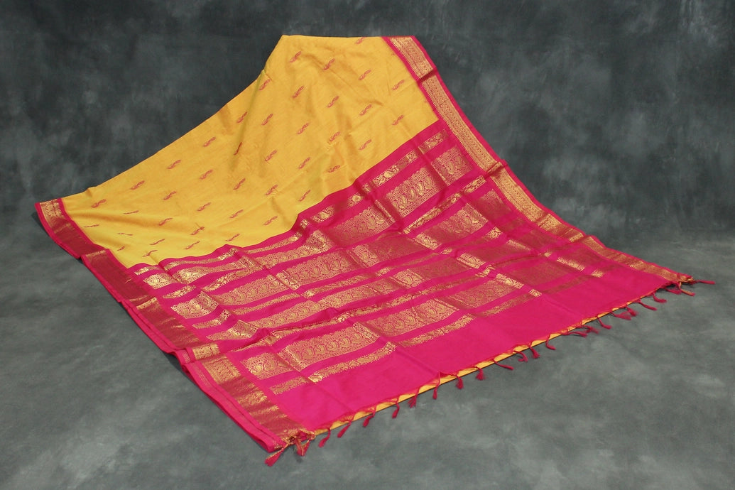 Silk Cotton Yellow & Pink Saree with Grand Pallu and Thick Zari Border