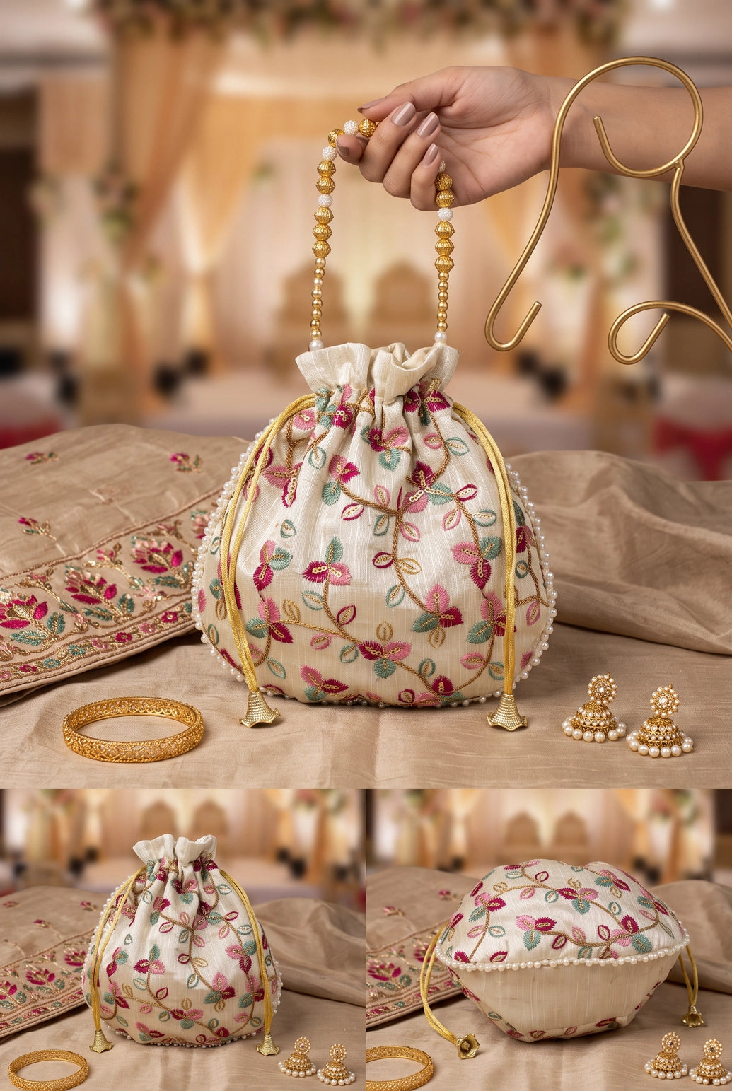 Cream Floral Embroidered Ethnic Potli Pouch with Drawstring, Pearl Bead Trim for Wedding Festive Gifts