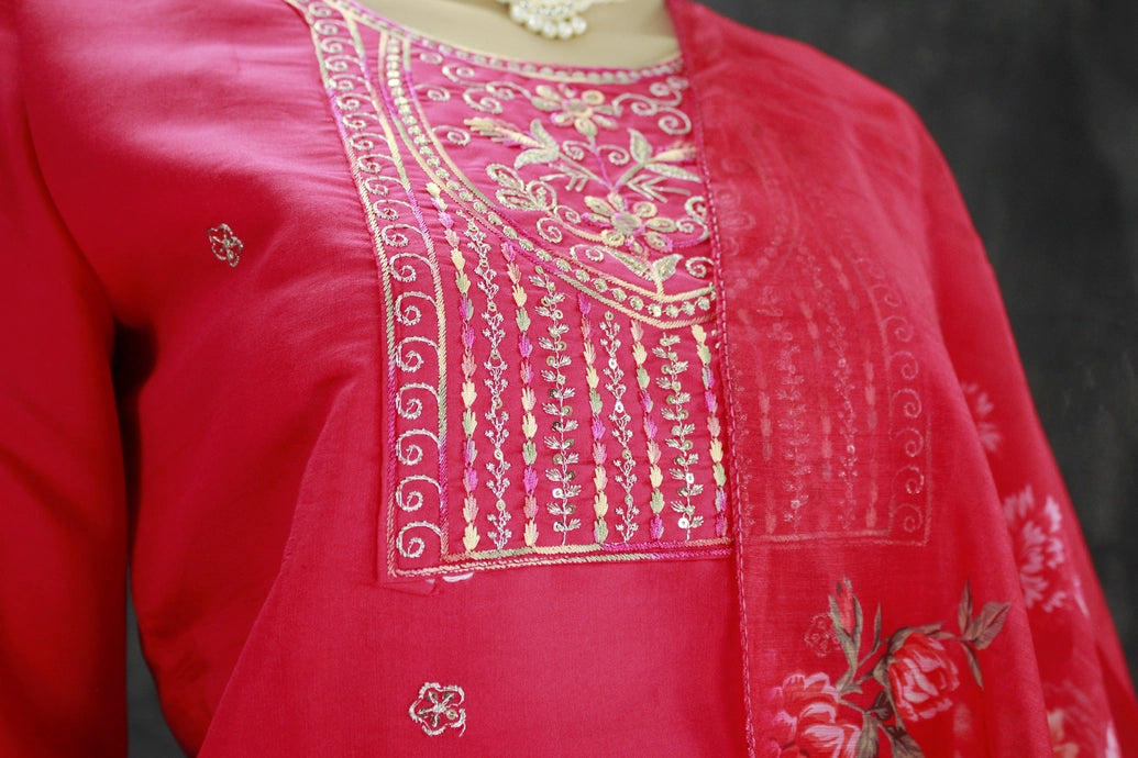 Beautiful Dark Pink Roman Silk 3 Piece Set with Embroidery