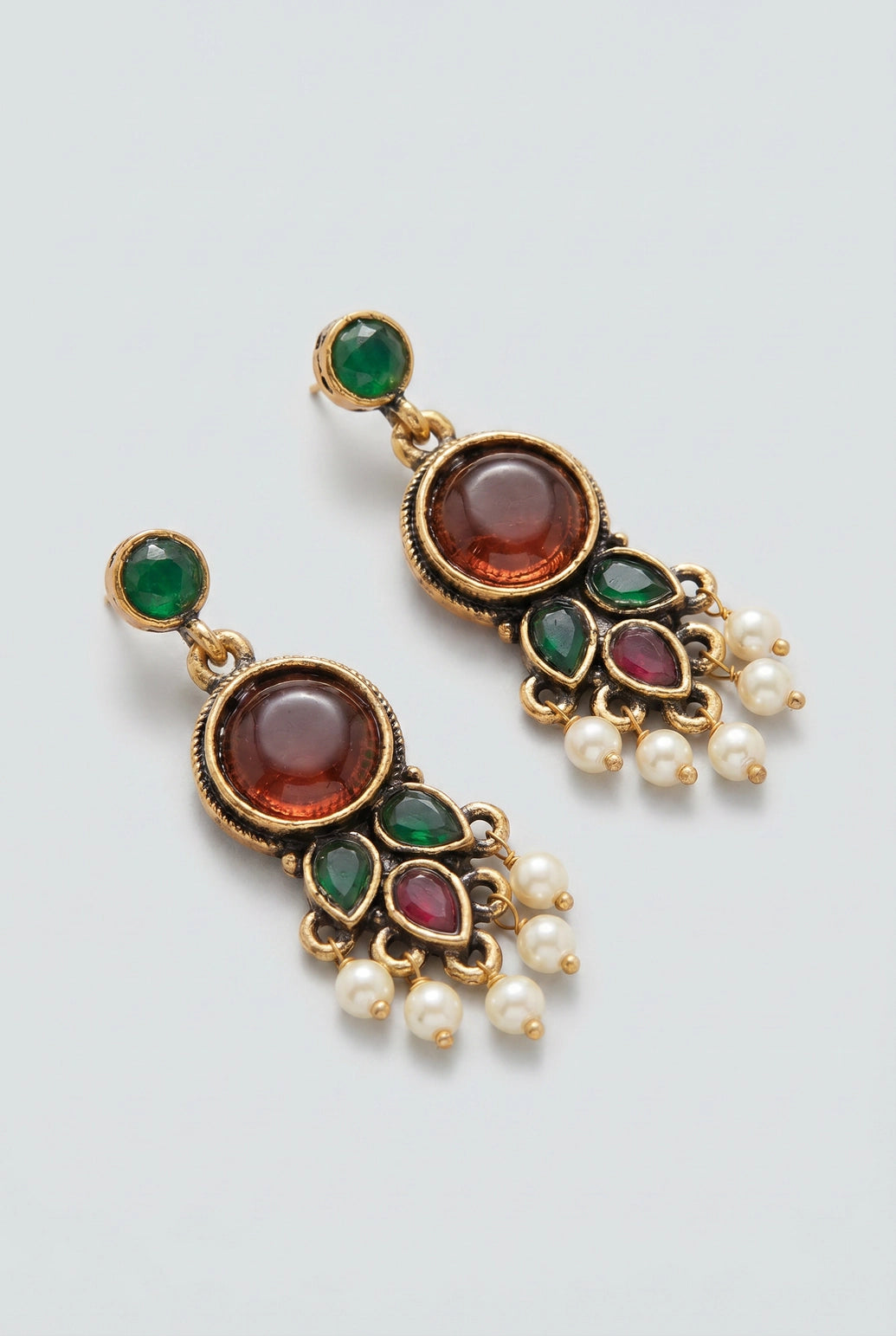Maroon & Red Stone Drop Pearl Bead Earrings, Gold-Tone Antique Finish, Traditional Chandelier Style for Women