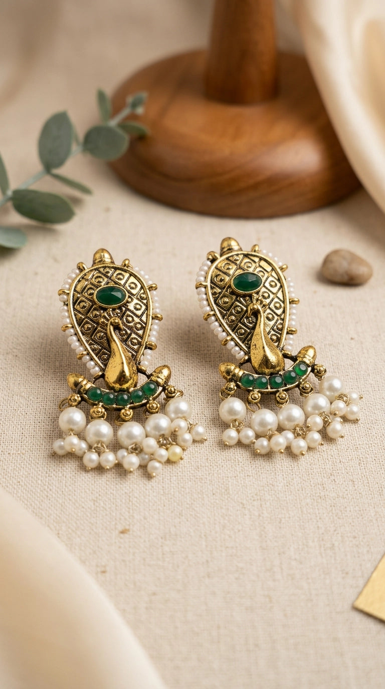 Green Traditional Antique Gold-Tone Statement Earrings with Oval Stone, Beads & Pearl Tassel Hangings