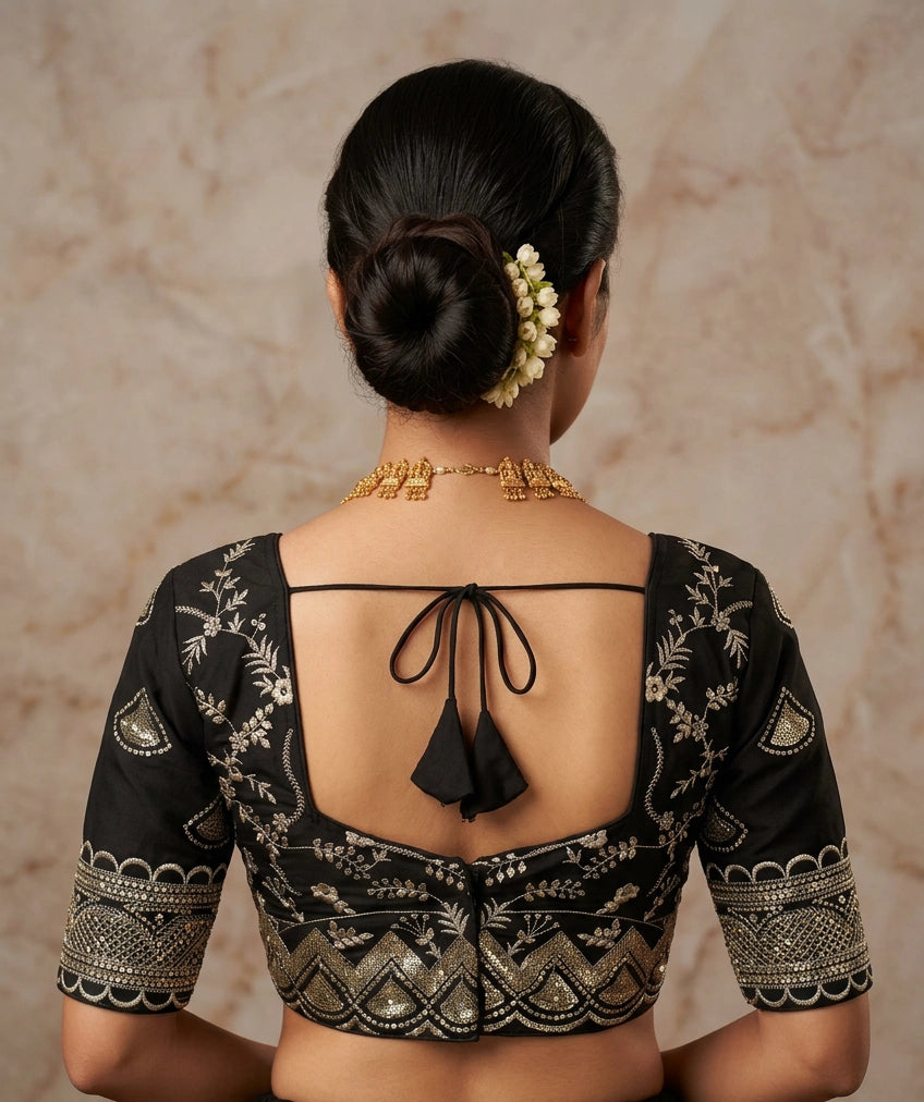 Black Readymade Padded Blouse with Embroidery & Sequence Work, Elbow Sleeve, Back Knot, Fully Stitched