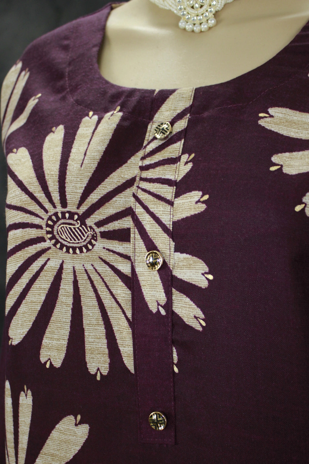 Dark Purple Floral Printed Kurta Set with Striped Elastic Pants - 2 Piece Rayon-Cotton Kurti Pajama for Casual Ethnic Wear