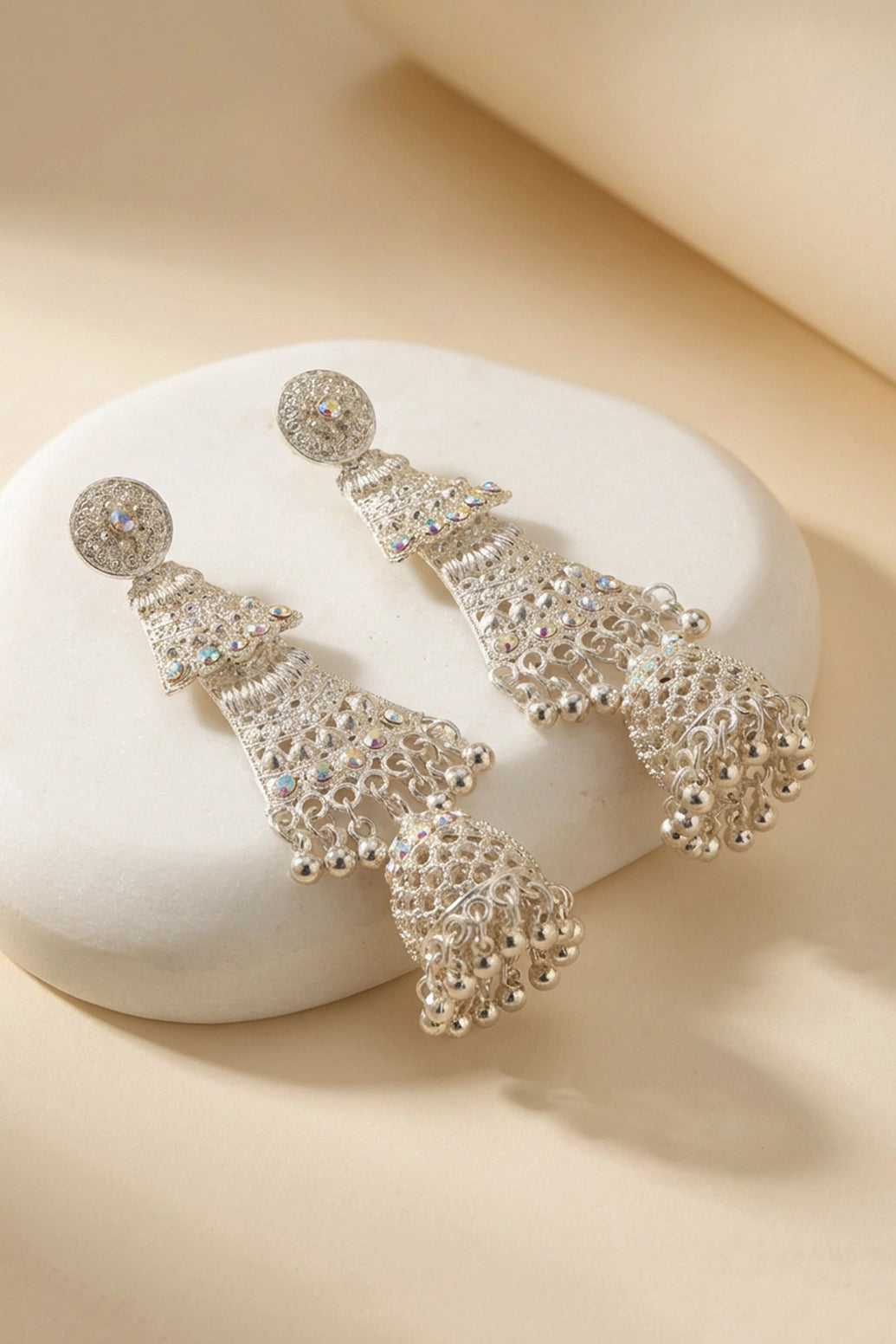 Sandal Oxidized Gold-Tone Jhumka Earrings with Floral Stud and Ghungroo Dangles for Festive Wear