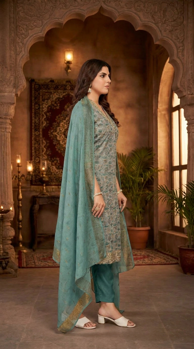 Sky Blue Cotton 3-Piece Kurti Pant Set with V-Neck Aari Work and Jacquard Dupatta for Women