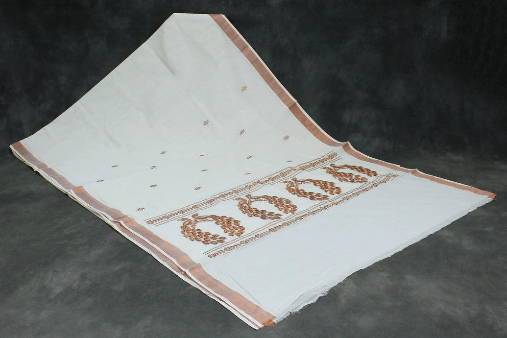 Pure Kerala Cotton White Saree with Copper Zari Peacock Embroidery, Includes Blouse Piece