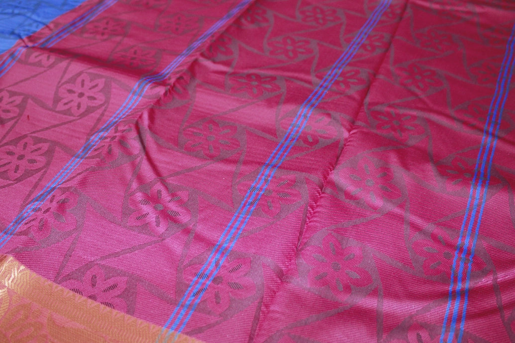 Blue Emboss Silk Saree with Contrast Border and Semi Silk Zari Style Design
