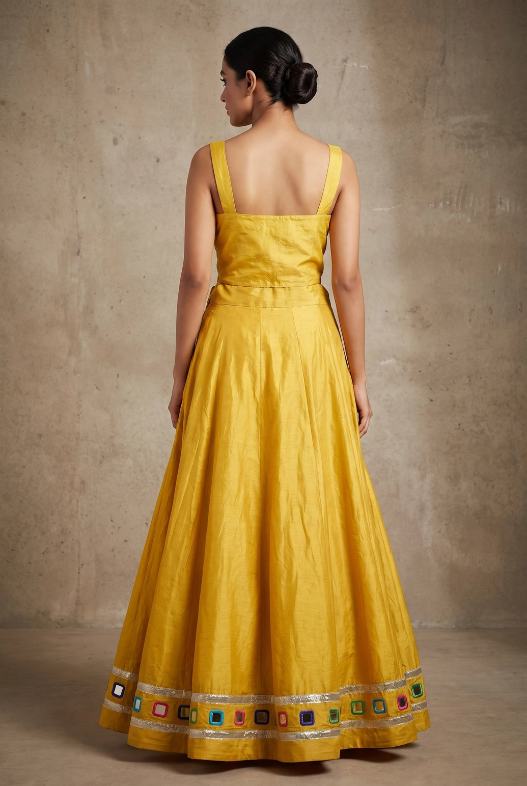 Yellow Navratri Designer Chaniya Choli with Mirror Work Choli and Plain Flared Skirt