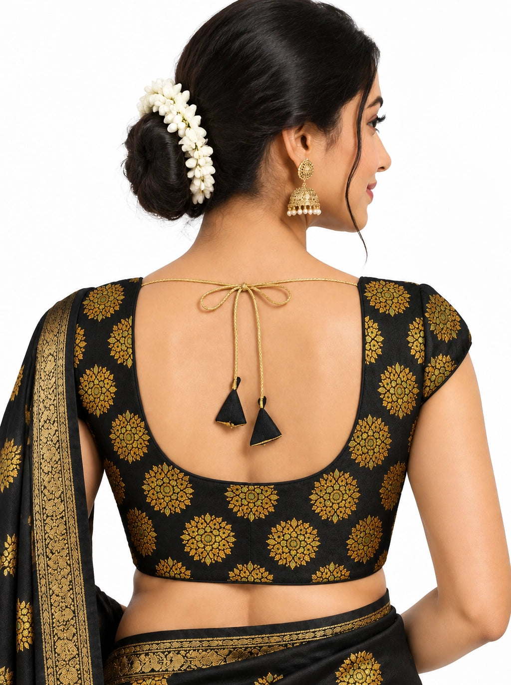 Black Floral Padded Designer Blouse for Sari Choli, V-neck, Short Sleeves, Back Tie, Fully Stitched
