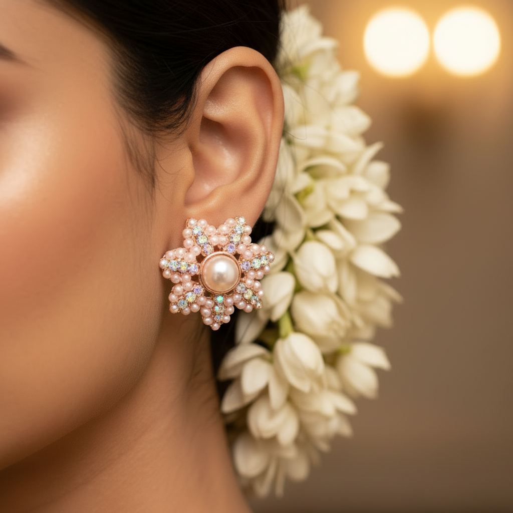 Pink Floral Pearl Stud Earrings-Rose Gold-Tone Flower