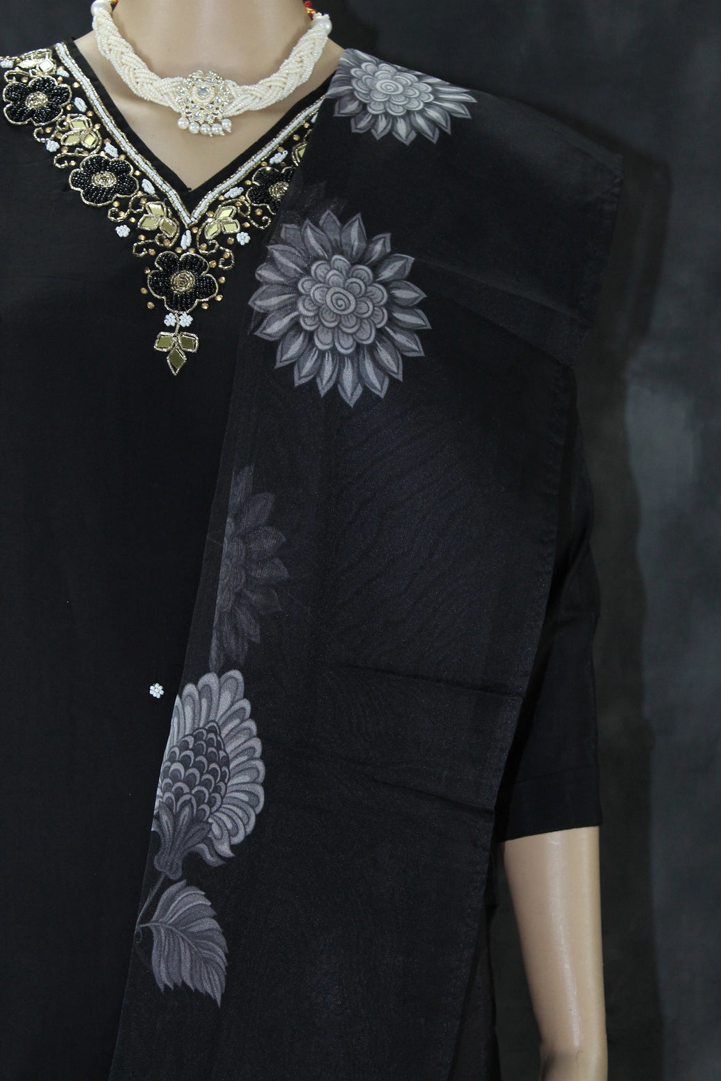 Black Silk 3-Piece Pakistani Salwar Suit with Embroidered V-Neck and Organza Dupatta