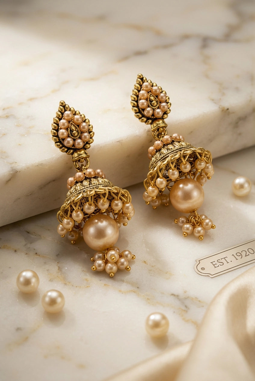 Peach Pearl Jhumka Earrings in Antique Gold Tone, Floral Stud with Hanging Beads for Traditional Wear