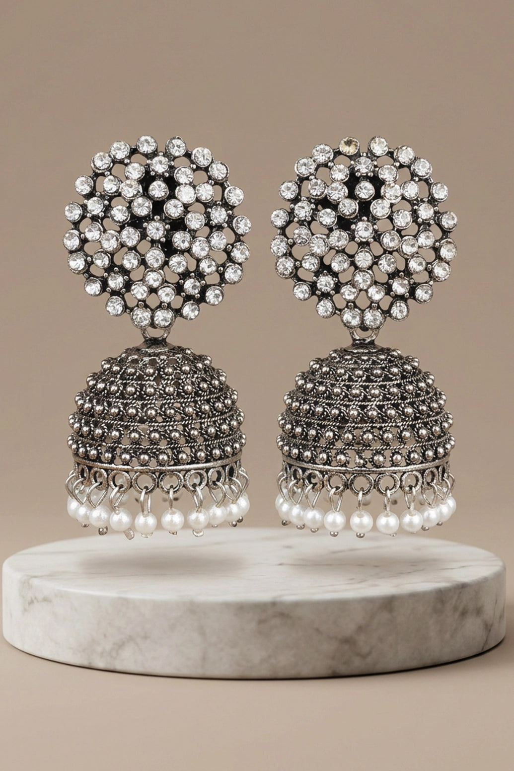 Oxidized Silver Tone Jhumka Earrings with White Stone Stud Top and Pearl Drop Dangles