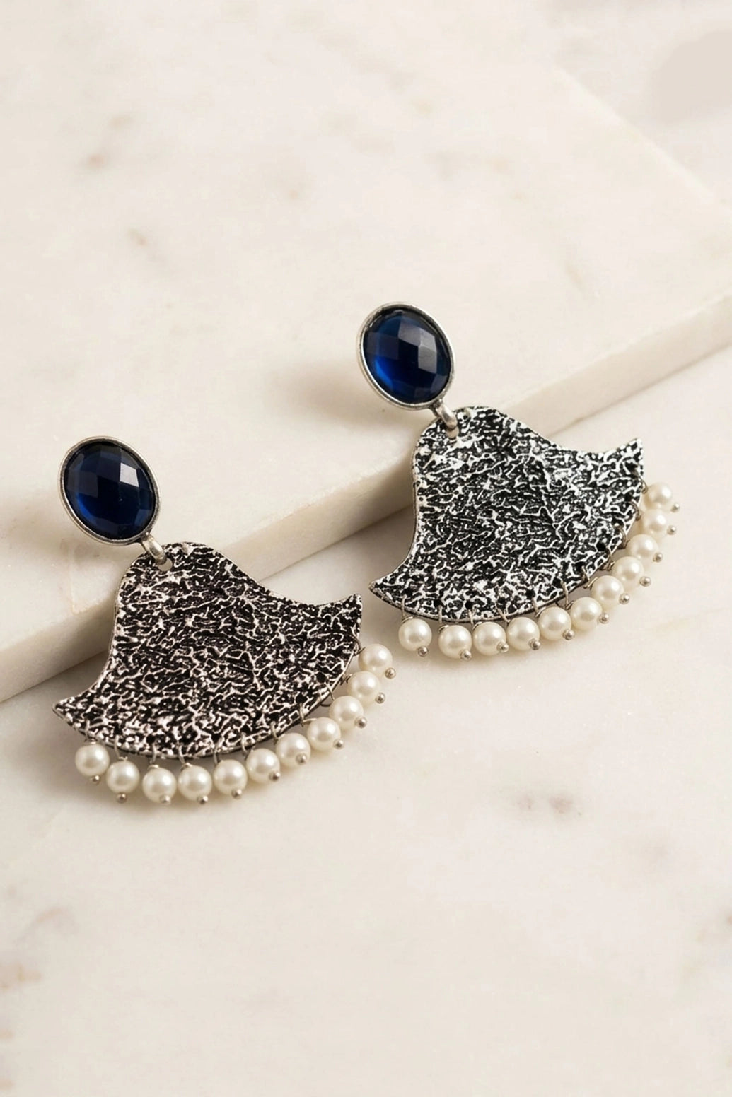 Dark Blue Stone Textured Triangle Chandbali Style Silver-Tone Fashion Earrings for Festive Party Wear
