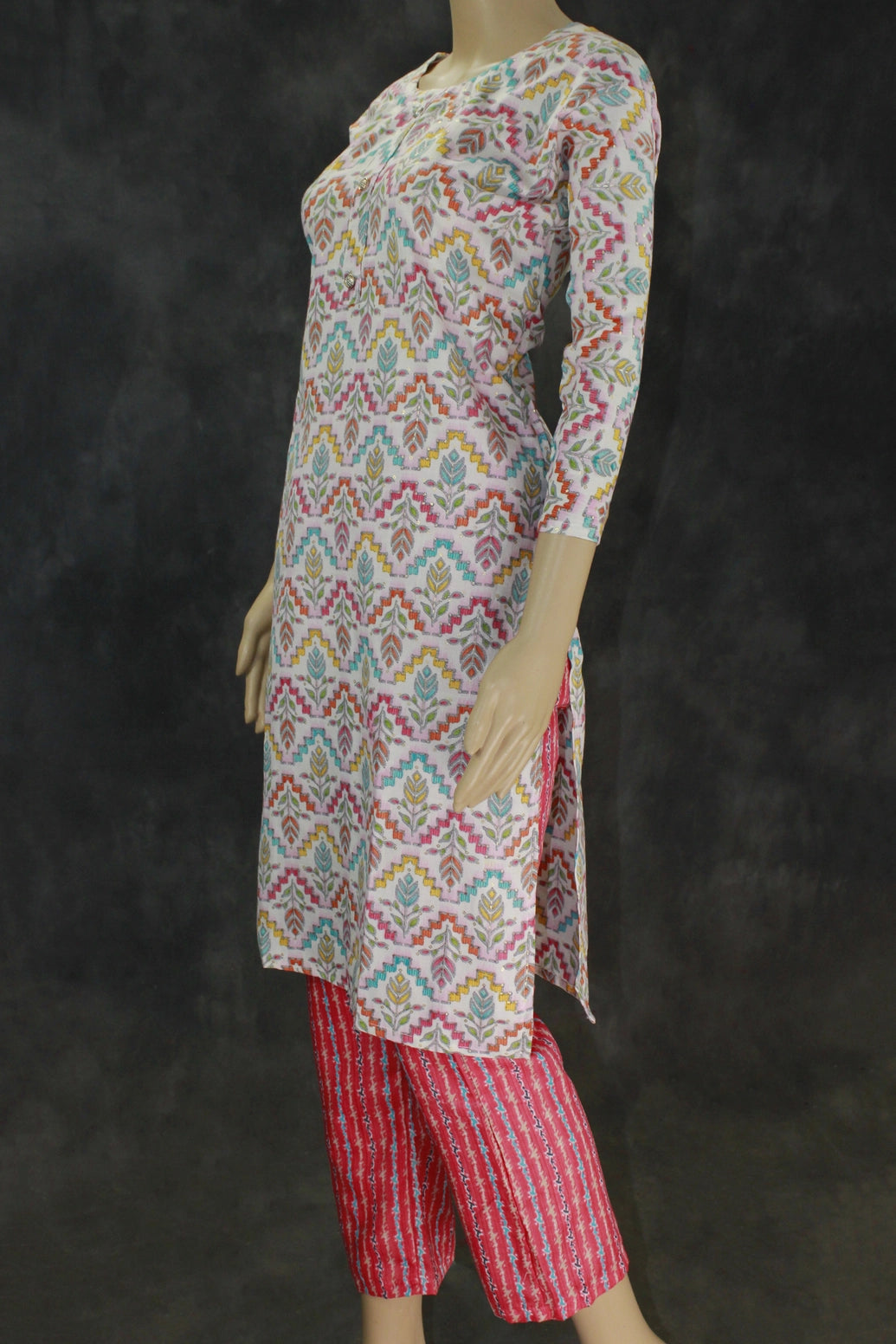 Cotton Printed Kurta Set – Cream Multicolor Kurti with Red Elastic Pants