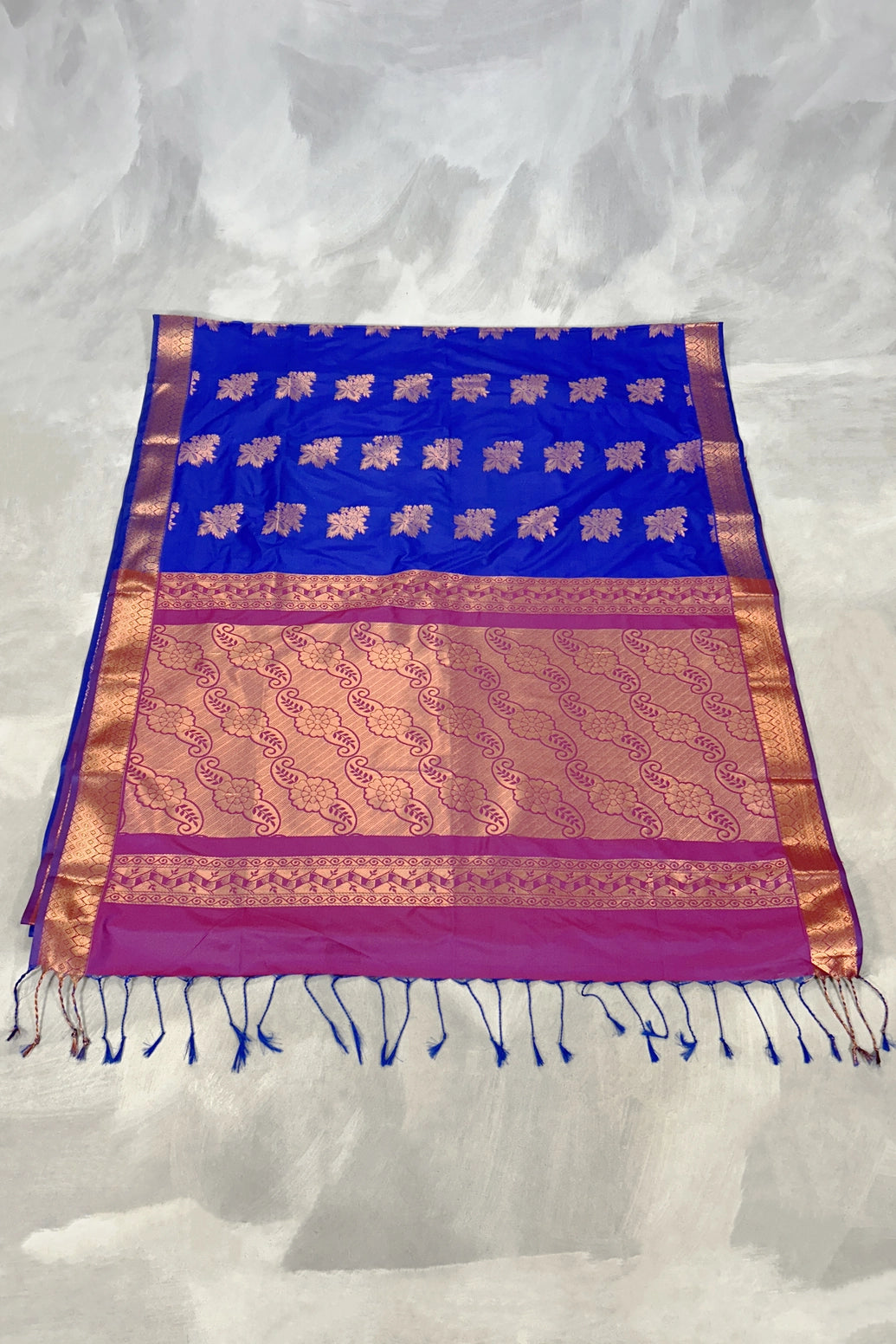 Royal Blue Korvai Soft Silk Border Saree with Delicate Gold Zari Buttas and Floral Traditional Border