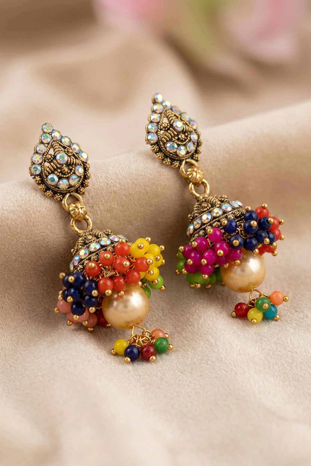 Traditional Jhumka Earrings with Dome Design, White Stone Top, Beaded Chandbaazi & Pearl Drop for Festive Wear