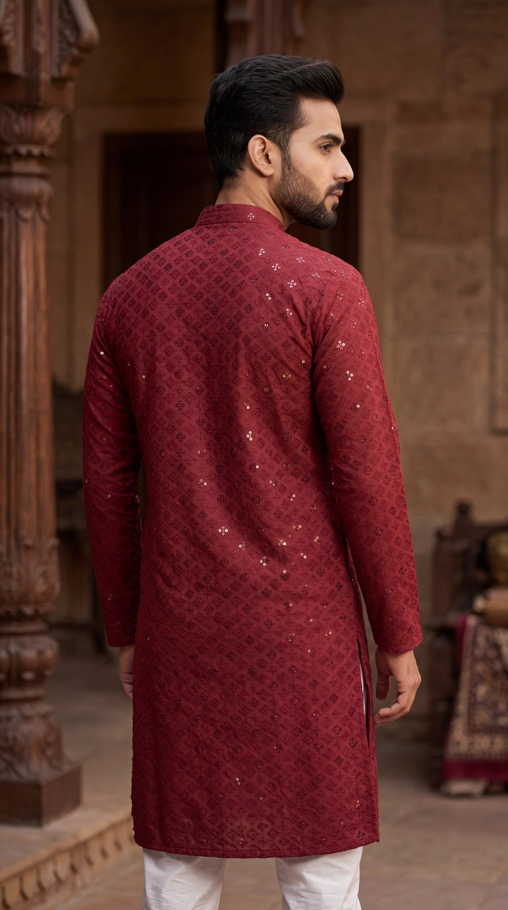 Maroon Lakhnavi Kurta for Men with Embroidered Look & Sequins, Button Placket, Festive Ethnic Wear