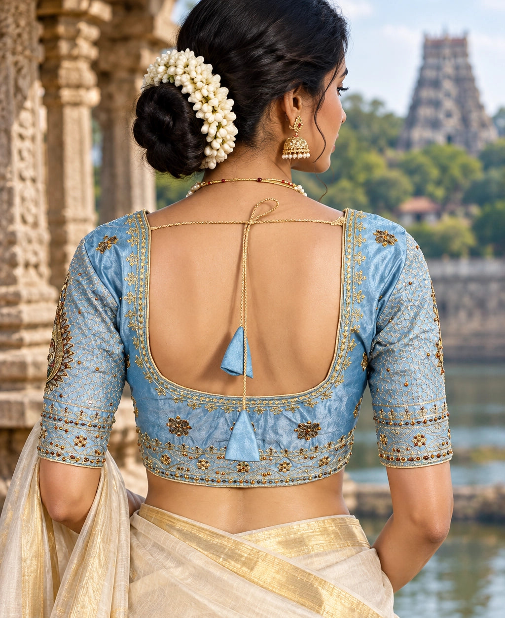 Grey Zari Butta Padded Readymade Designer U-Neck Blouse with Floral Motifs, Elbow Sleeves and Back Knot