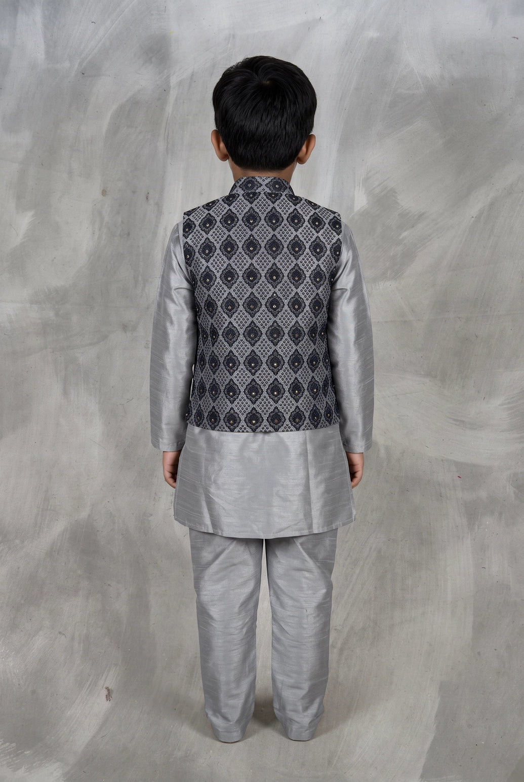 Boys Charcoal Grey Koti Kurta Set with Nehru Jacket, Printed Nehru Waistcoat and Matching Pants