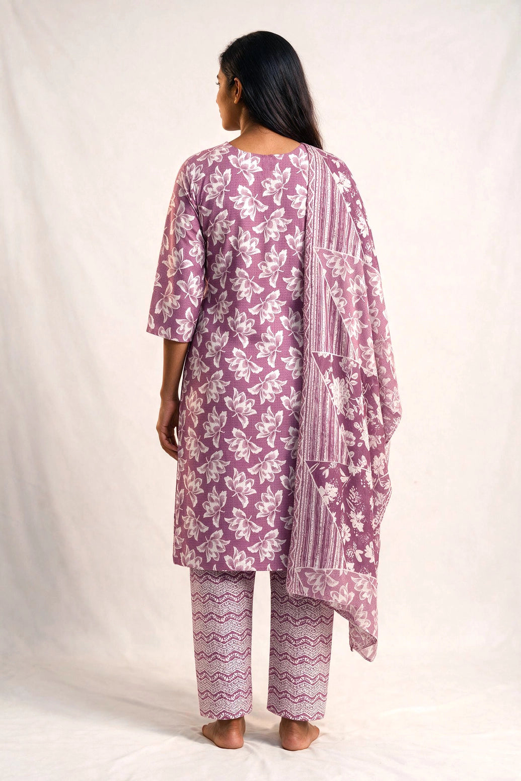 Pink Cotton 3-Piece Floral Kurti Set with Embroidery Work, Elastic Pant & Matching Dupatta