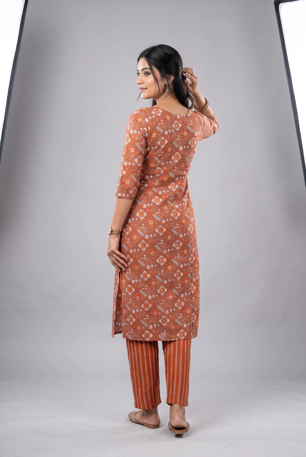 Rust Orange Rayon 2-Piece Kurti Set with Elastic Pant, Geometric-Floral Print, Round Neck and 3/4 Sleeves