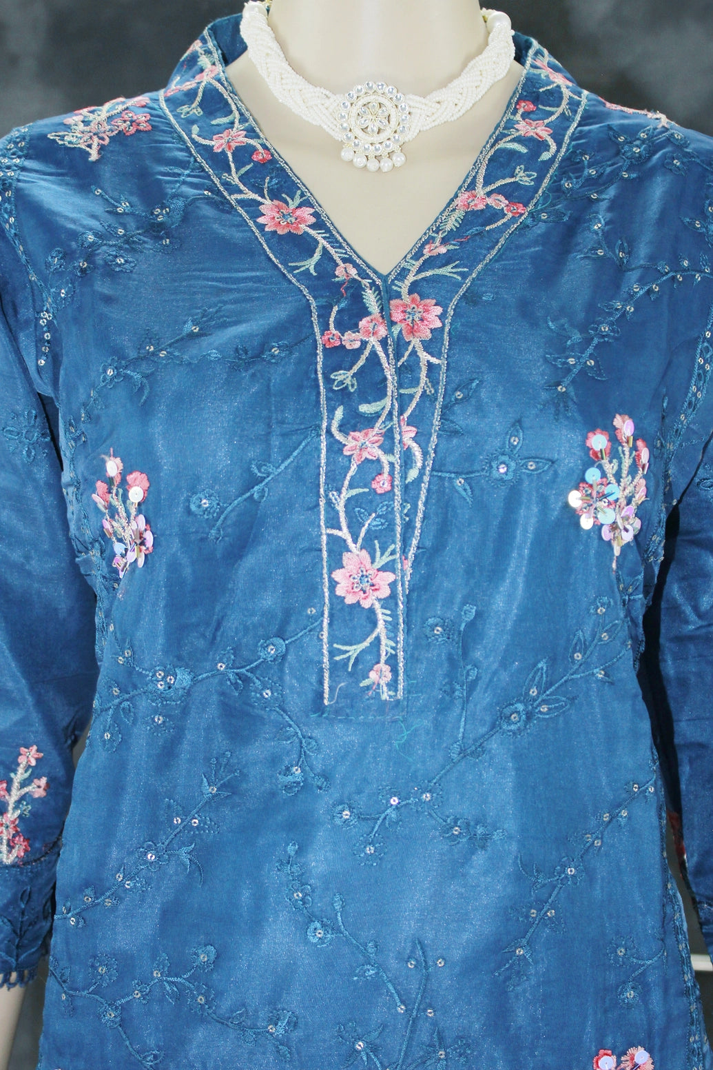 Navy Blue 3-Piece Organza Kurti Set with Khatli Work, V-Neck Embroidery & Sequins, Suit Bottom & Border Dupatta