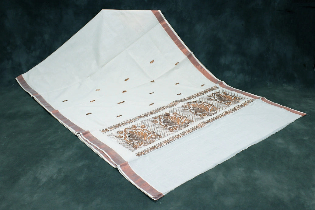 Pure Kerala Cotton White Saree with Copper Zari Peacock Embroidery and Blouse Piece