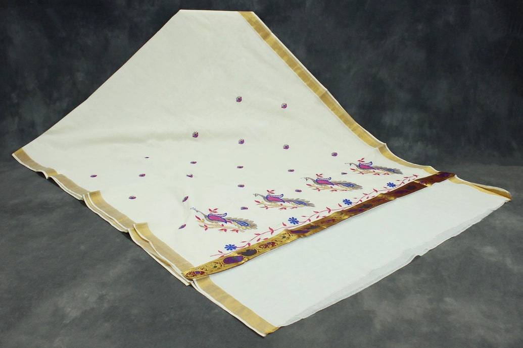 Pure Kerala Cotton White Saree with Embroidered Peacock Pallu and Gold Zari Border
