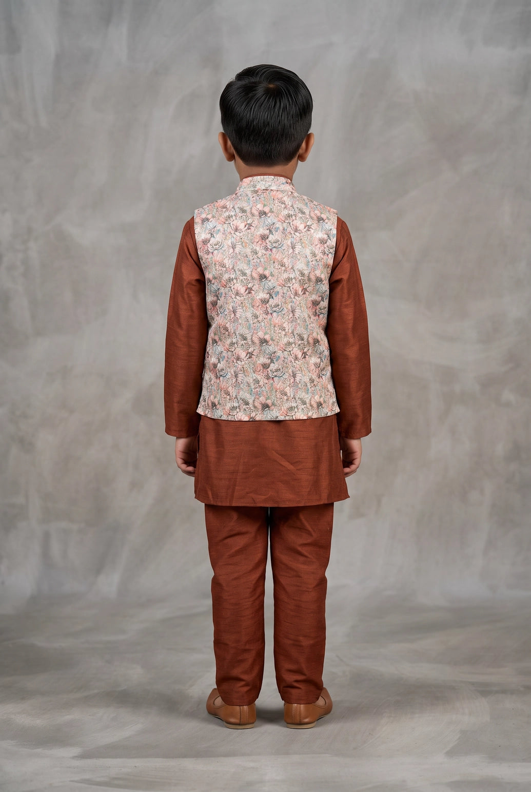 Boys Rust Orange Koti Kurta Set (3-Piece) with Printed Nehru Koti and Geometric Floral Motifs