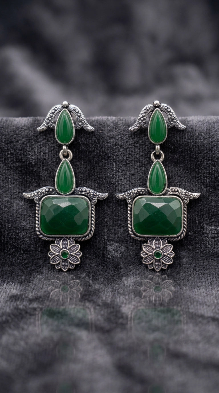 Green Oxidised Silver Teardrop & Rectangle Drop Earrings with Stone Finish for Traditional Ethnic Wear