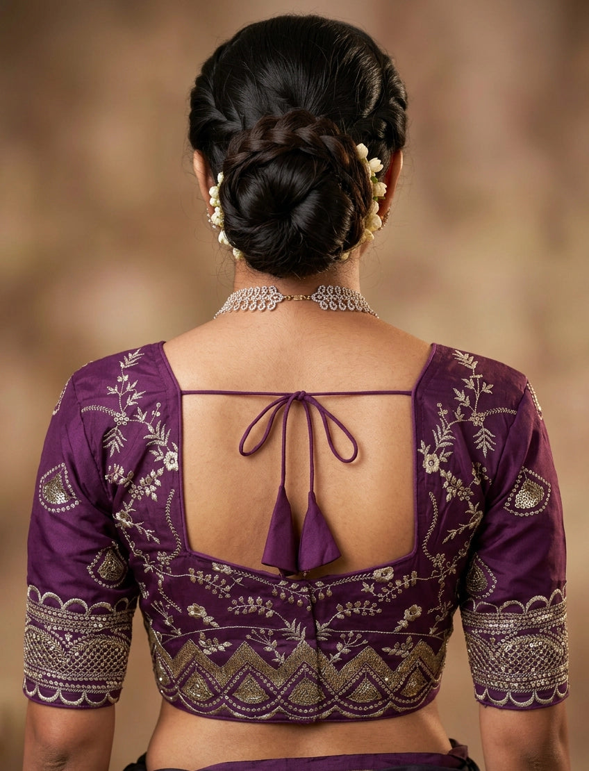 Purple Readymade Designer Padded Blouse with Embroidery & Sequence Work, Elbow Sleeve, Back Knot Stitching