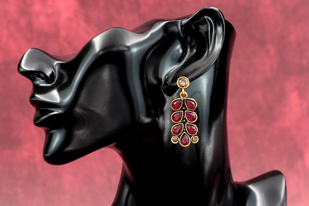 Maroon Teardrop Leaf Drop Earrings – Gold-Tone Antique Finish Fashion Jewellery for Ethnic Wear Jewelry JCS Fashions