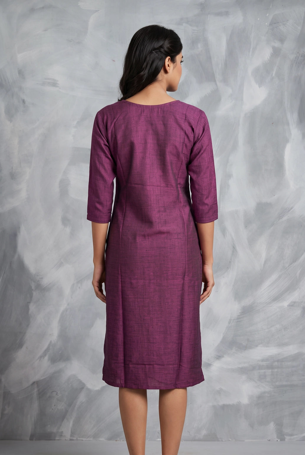 Purple Two-Tone Printed Straight Kurti with Round Neck, 3/4 Sleeves & Front Button Detail
