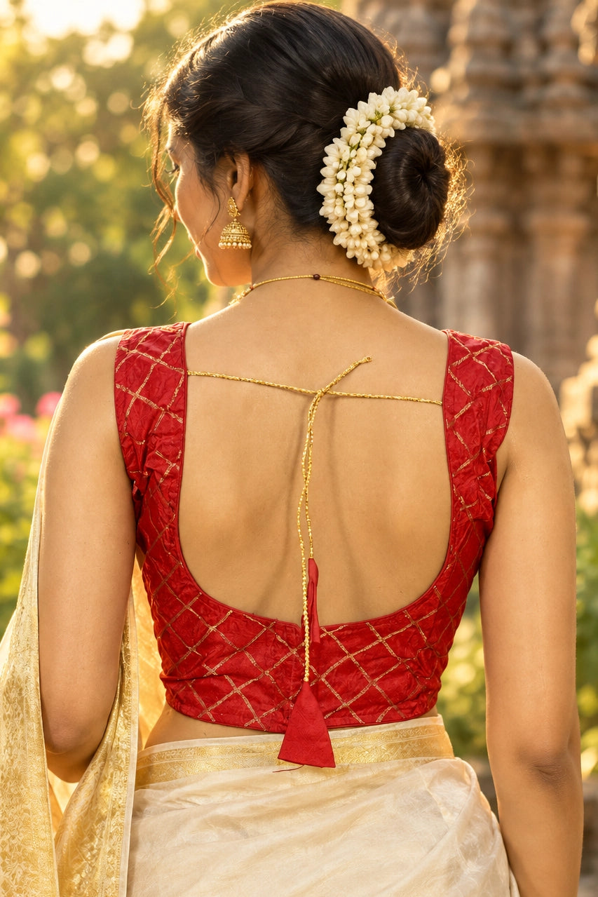 Red Designer Padded Sleeveless Blouse with Golden Criss-Cross Pattern, Fully Stitched Ethnic Back Knot