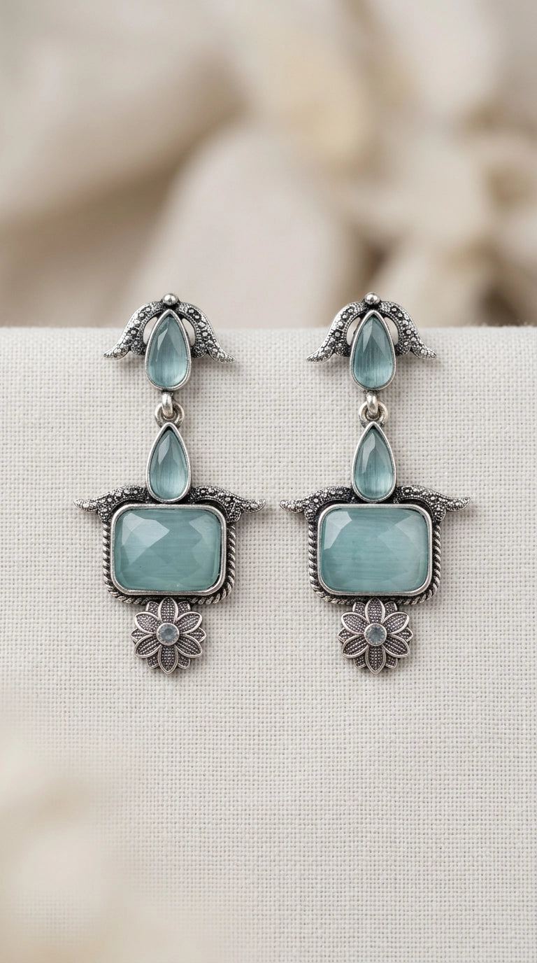 Sea Blue Oxidised Silver Drop Earrings with Teardrop and Rectangular Stone for Traditional Wear
