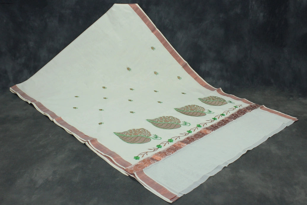 Pure Kerala Cotton White Saree with Copper Zari Peacock & Floral Embroidery