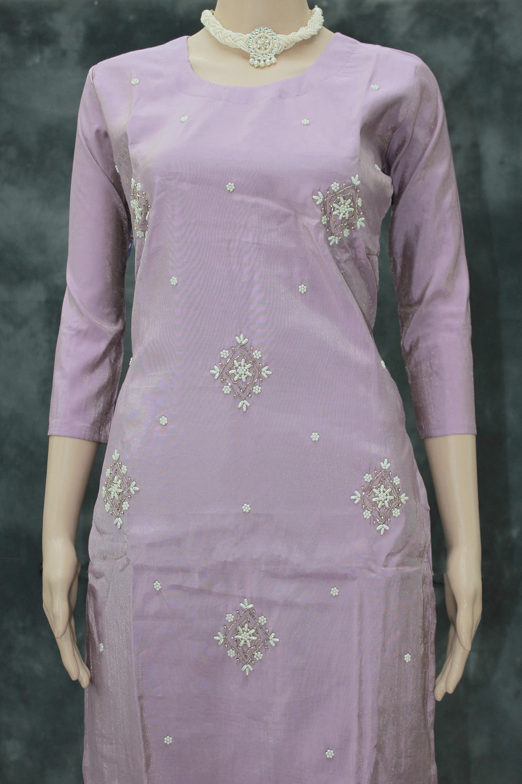 Lavender Shimmer 3-Piece Kurti Set with Aari & Pearl Embroidery, Elastic Pants and Printed Organza Dupatta