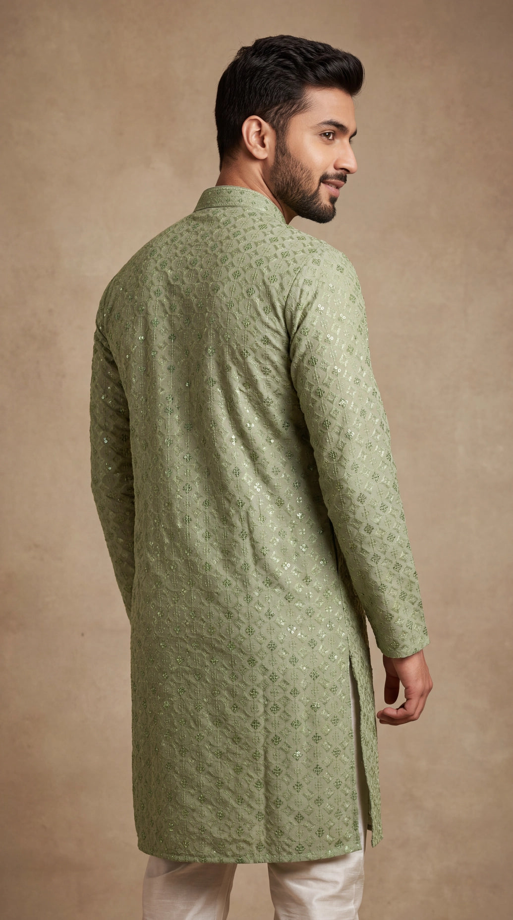 Men’s Sage Green Lakhnavi Kurta with All-Over Motifs and Sequins Look