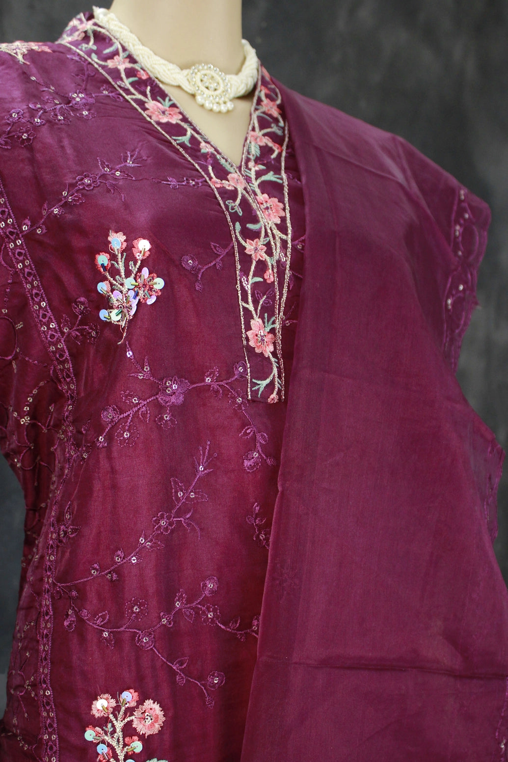 Purple 3-Piece Salwar Suit Set Organza Khatli Work Kurti with Sequins & Border Dupatta