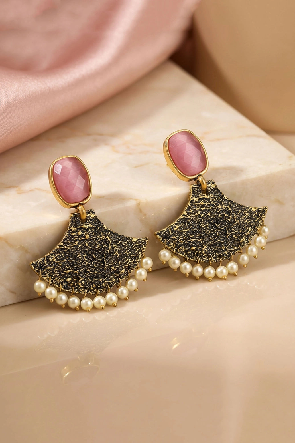 Pink Stone Gold-Tone Textured Dangle Earrings with Pearl Drops for Festive Party Wear