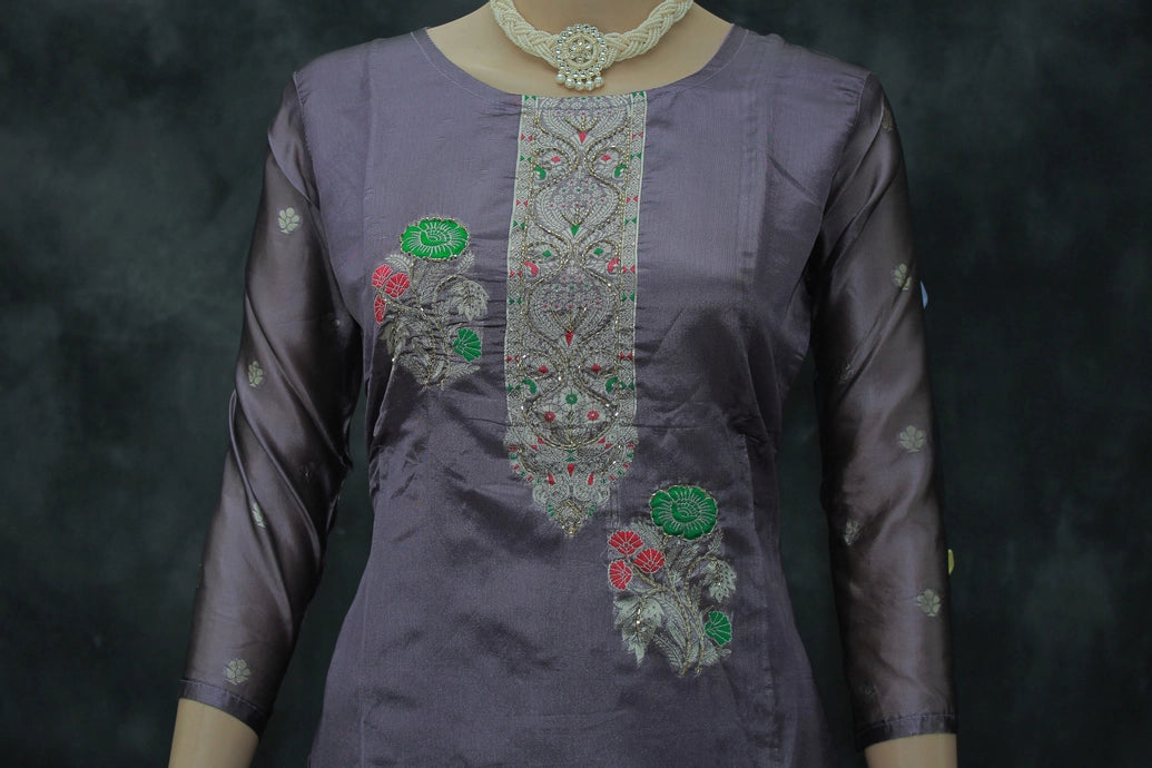 Purple Jacquard Handwork 3-Piece Kurti Set with Elastic Pant and Beaded Dupatta for Women