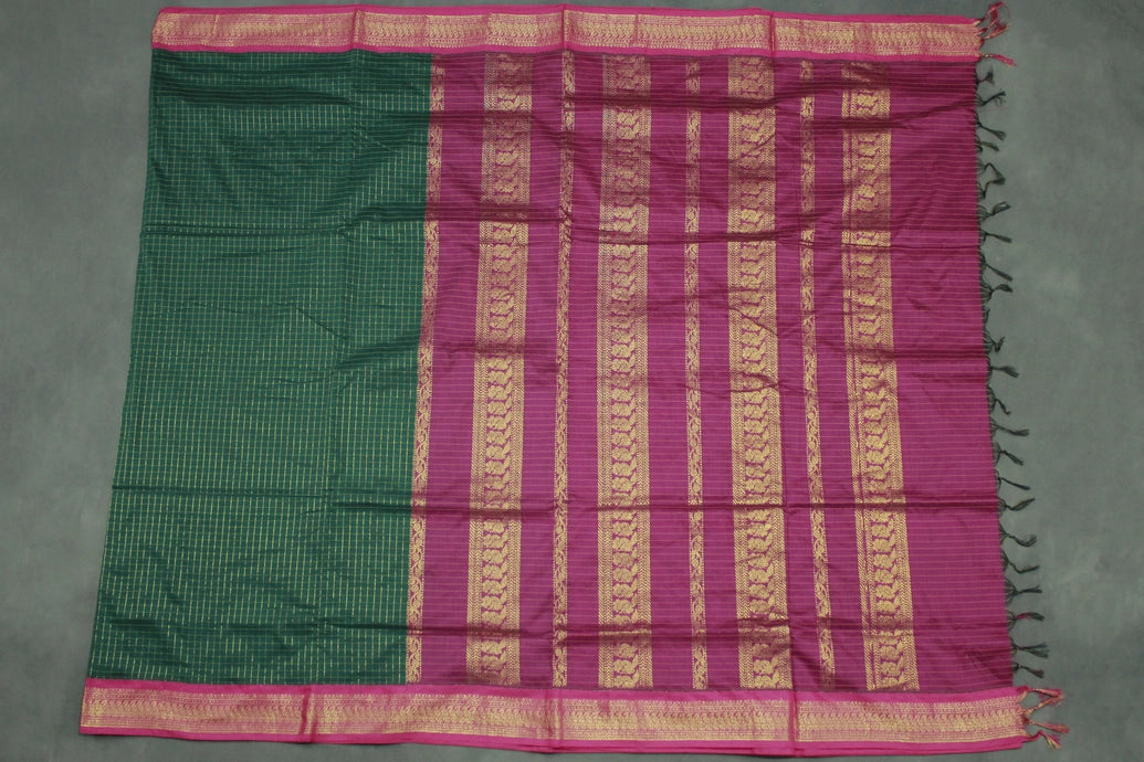 Dark Green Kalyani Cotton Saree with Zari Checked and Peacock Border and Blouse