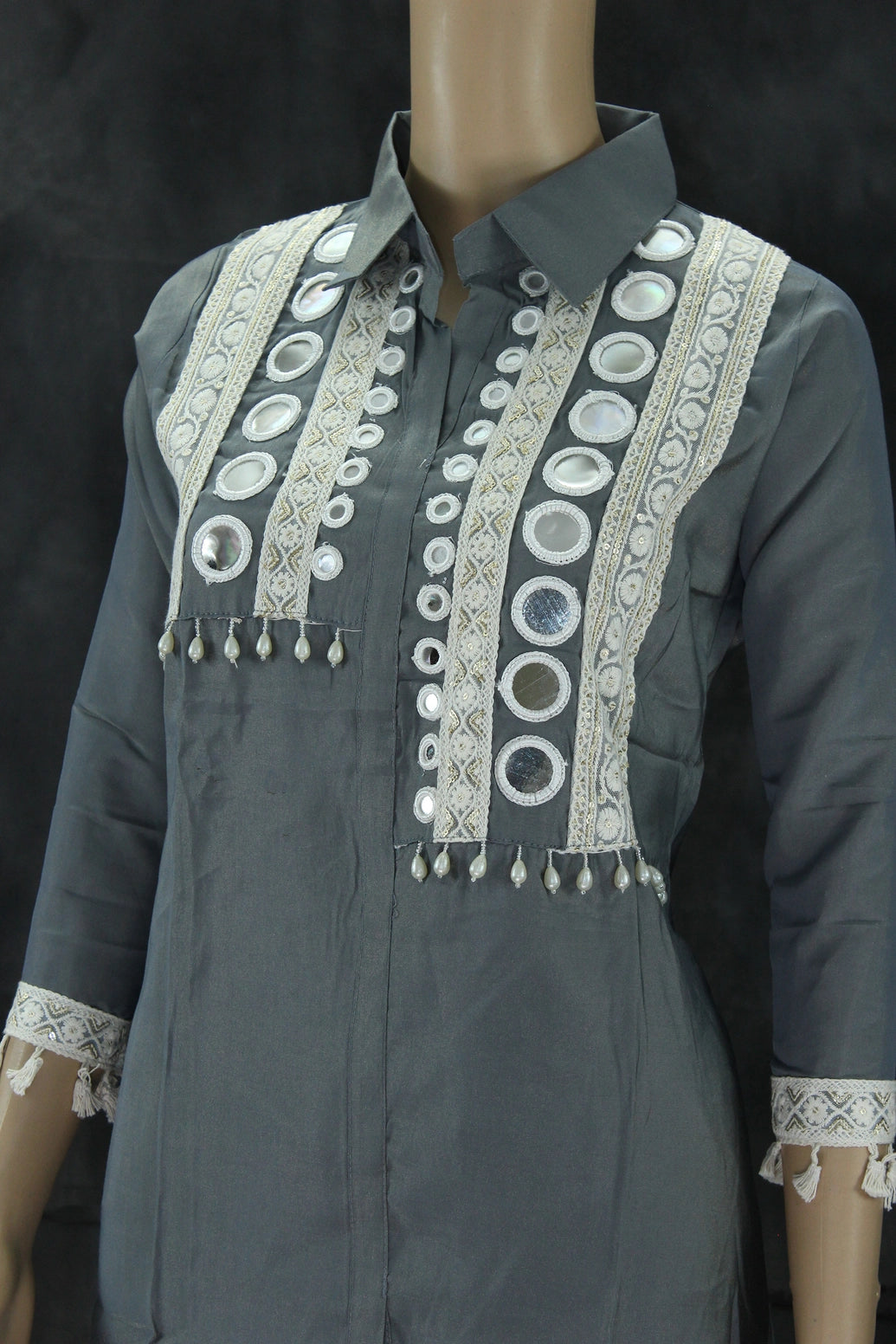 Grey Cotton-Rayon Pakistani Collar Kurti Two-Piece Set with Mirror Work and White Lace Border — Top with Elastic Pants Kurti JCS Fashions