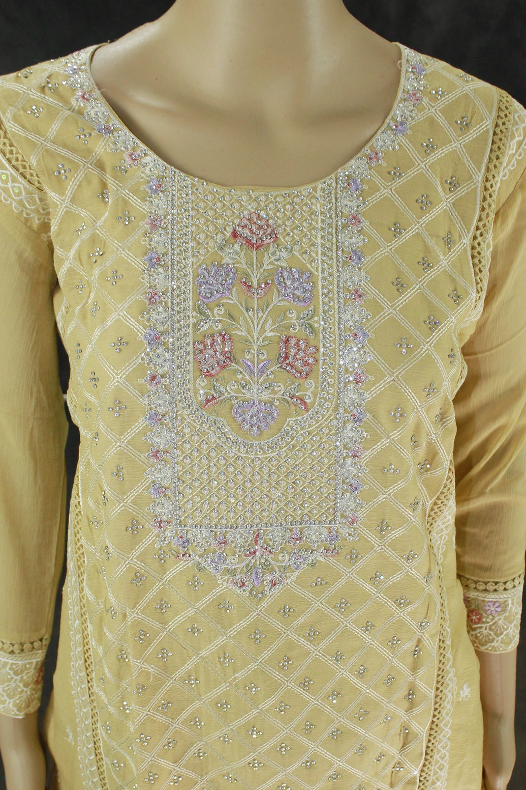 Pastel Yellow 3-Piece Salwar Kurti Set with Chiffon Dupatta, Stone Work Kurti and Elastic Pant