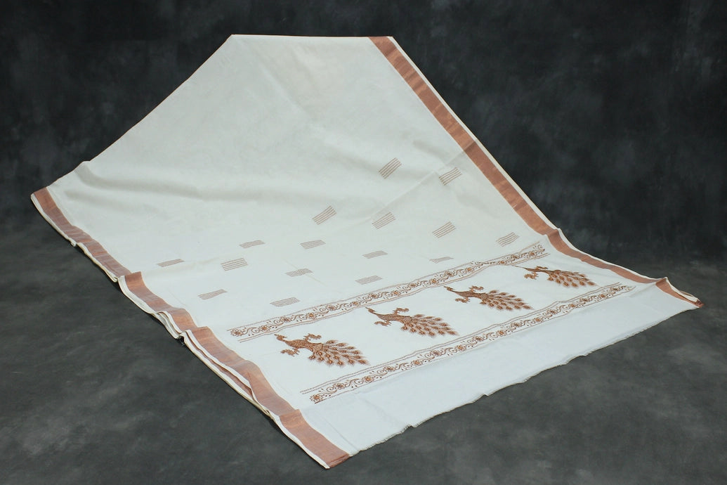 Pure Kerala Cotton White Saree with Copper Zari Peacock Embroidery