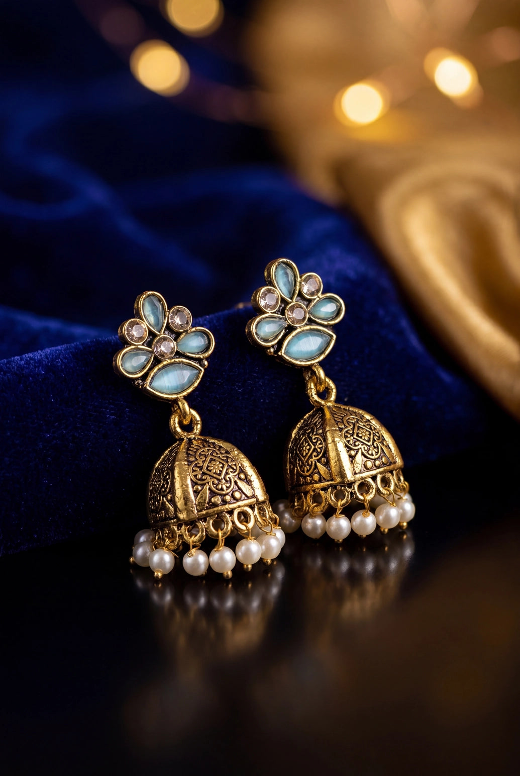 Sea Blue Floral Jhumka Earrings with Pearl Drops, Antique Gold-Tone Traditional Ethnic Fashion Jewellery