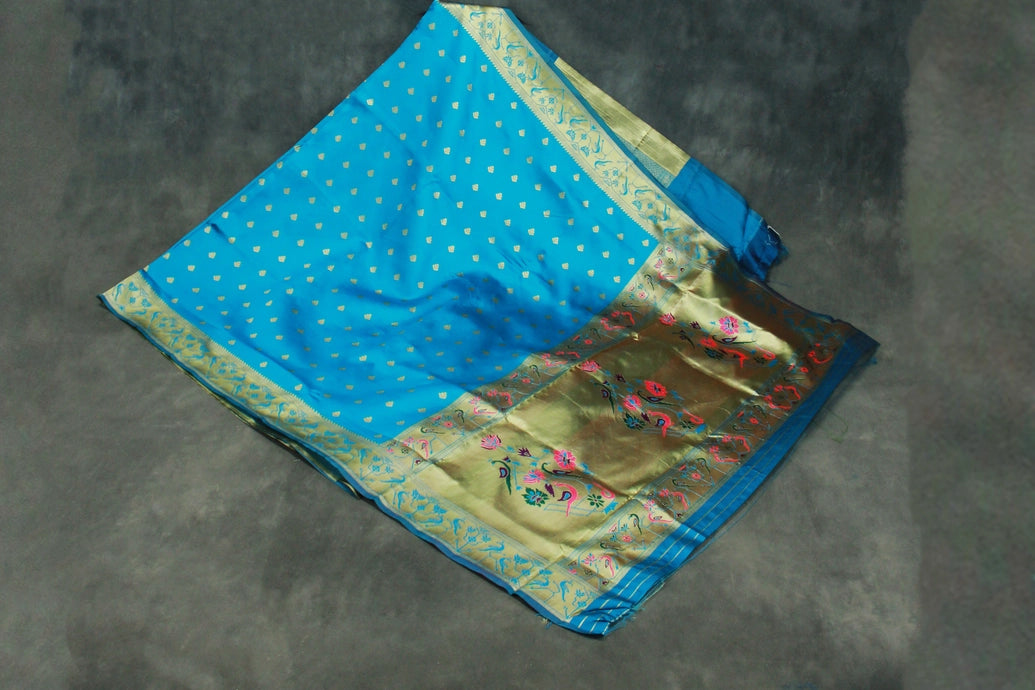 Blue Paithani Pure Silk Saree with Zari Woven Peacock Pallu and Contrast Design Border