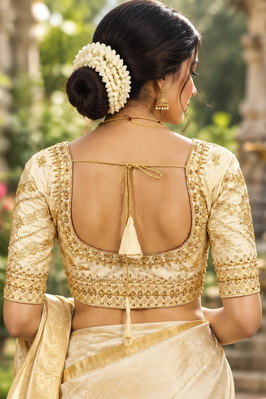 Sandal Padded Designer Blouse with Zari Floral & Vine Work, U-Neck, Elbow Sleeves, Back Knot, Fully Stitched