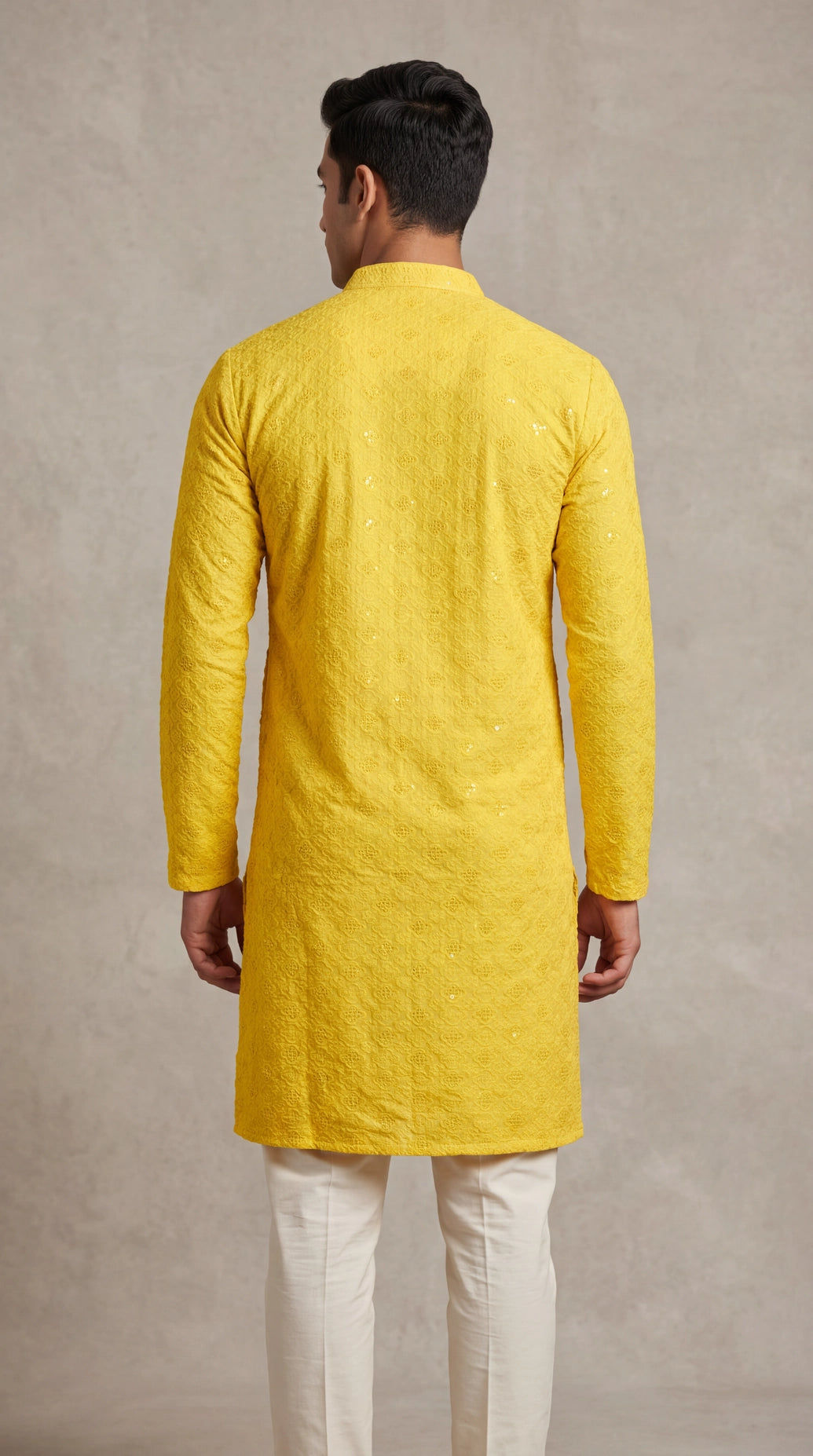 Men Yellow Lakhnavi Kurta with Sequins Look, Traditional Band Collar, Festive Ethnic Wear